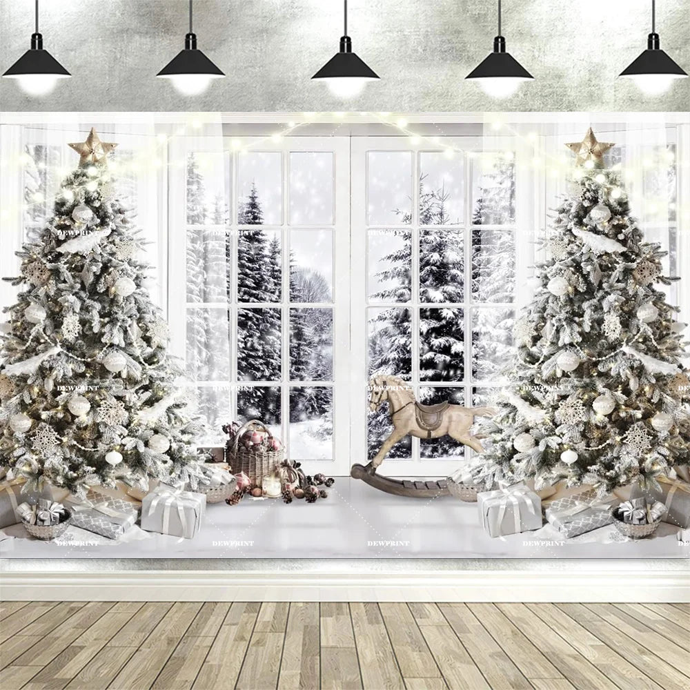 Christmas Fireplace Backdrop White Red Christmas Tree Photography Background Winter Family Party Banner Photo Booth Props