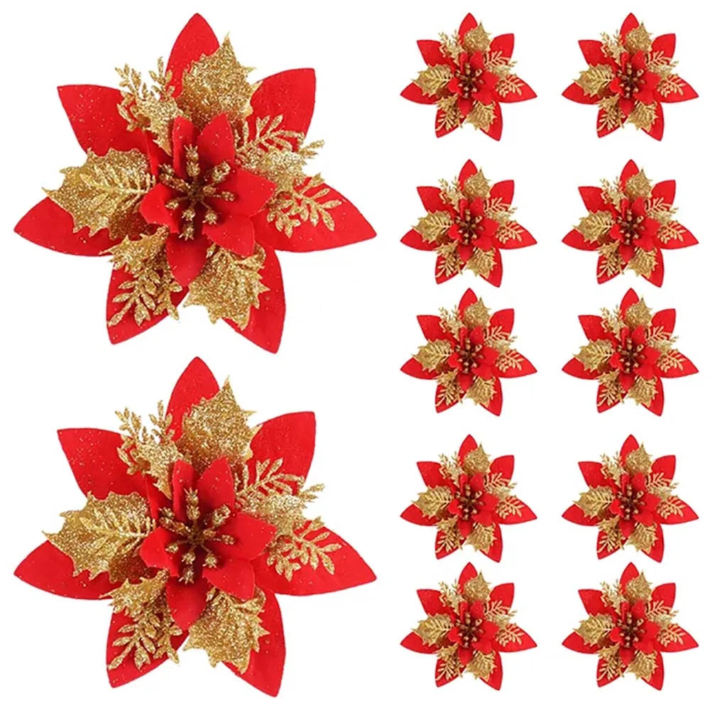 10pcs 14cm Christmas Flower Ornaments,Pink,Red,Gold,Glitter Artifical Flowers For Christmas Tree,Xmas Decoration For Home