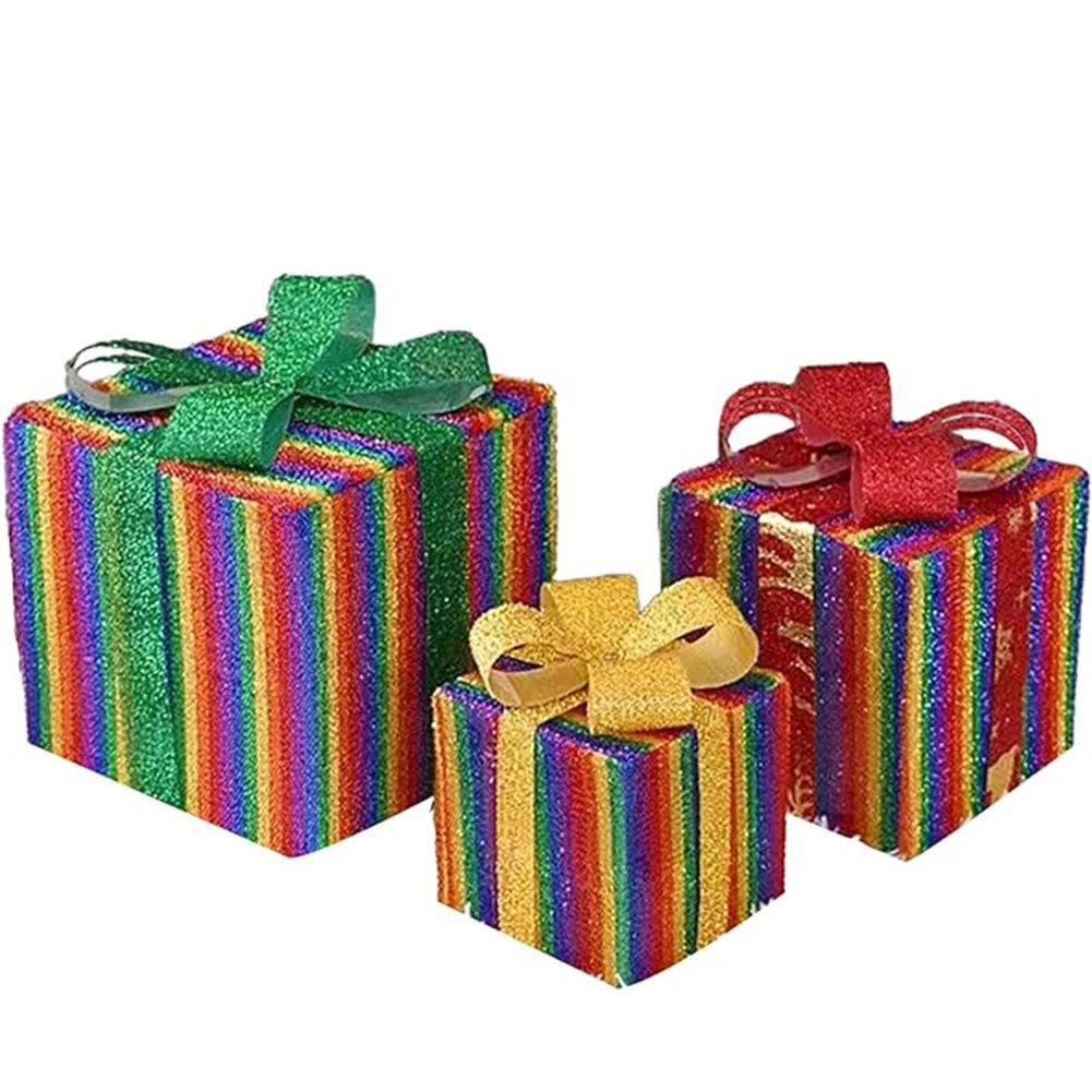 3PCS LED Christmas Lighted Boxes Outdoor Garden Lawn And Porch Decoration With Festive Elk And Snowflake For Holiday Celebration