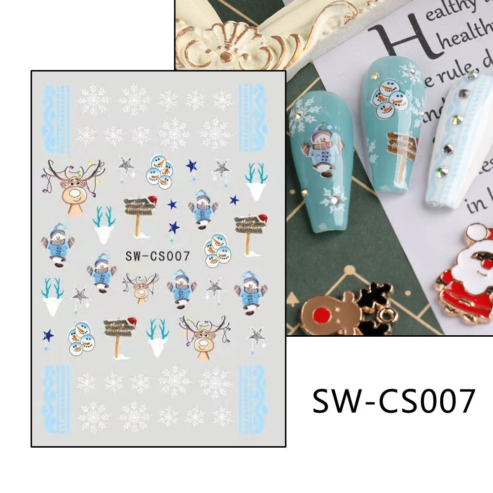 1PCS Christmas White Snowflakes 3D Nail Stickers Nail Art Decoration Cartoon Santa Claus Snowman Stickers Nail Accessories
