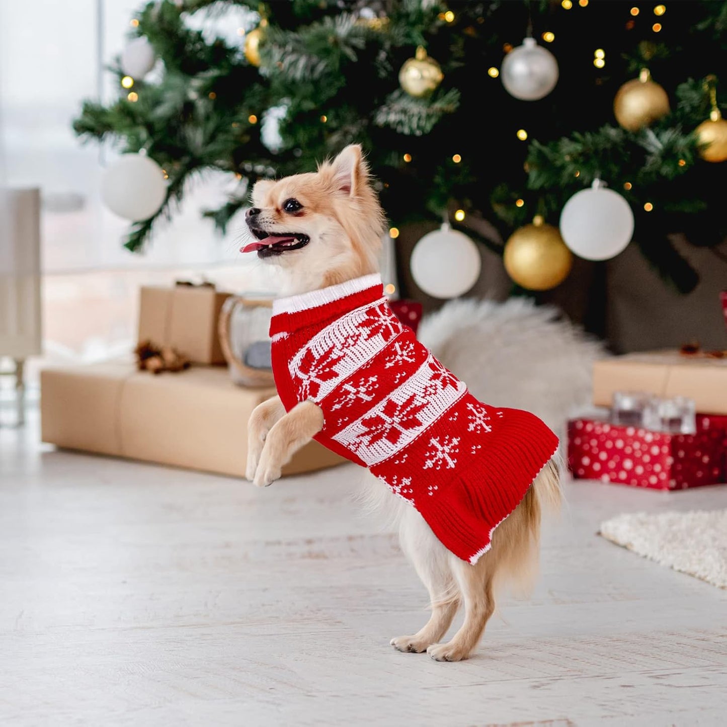 2 Pack Dog Christmas Dress Warm Dog Xmas Sweater Pet Christmas Clothes Stripes Dog Knit Sweater Dress Dog Winter Warm Pullover with Snowflakes and Christmas Flowers (M)