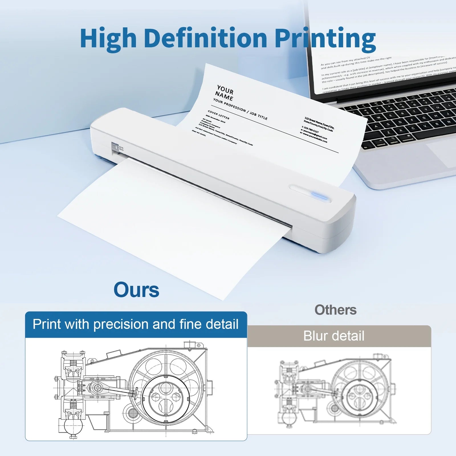 Wireless Printer, A4 Thermal Printer, Monochrome for Travel, Mobile Office School Home, Bluetooth Printer Compatible with Ios and Android, for Phone and Laptop