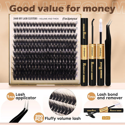 Lash Extension Kit Thick Eyelash Extension Kit 10-18Mm Fluff Volume Lash Clusters 200D Individual Eyelashes Kit with Lashes Bond, Lashes Remover, Lash Tweezers, DIY Lash Extension