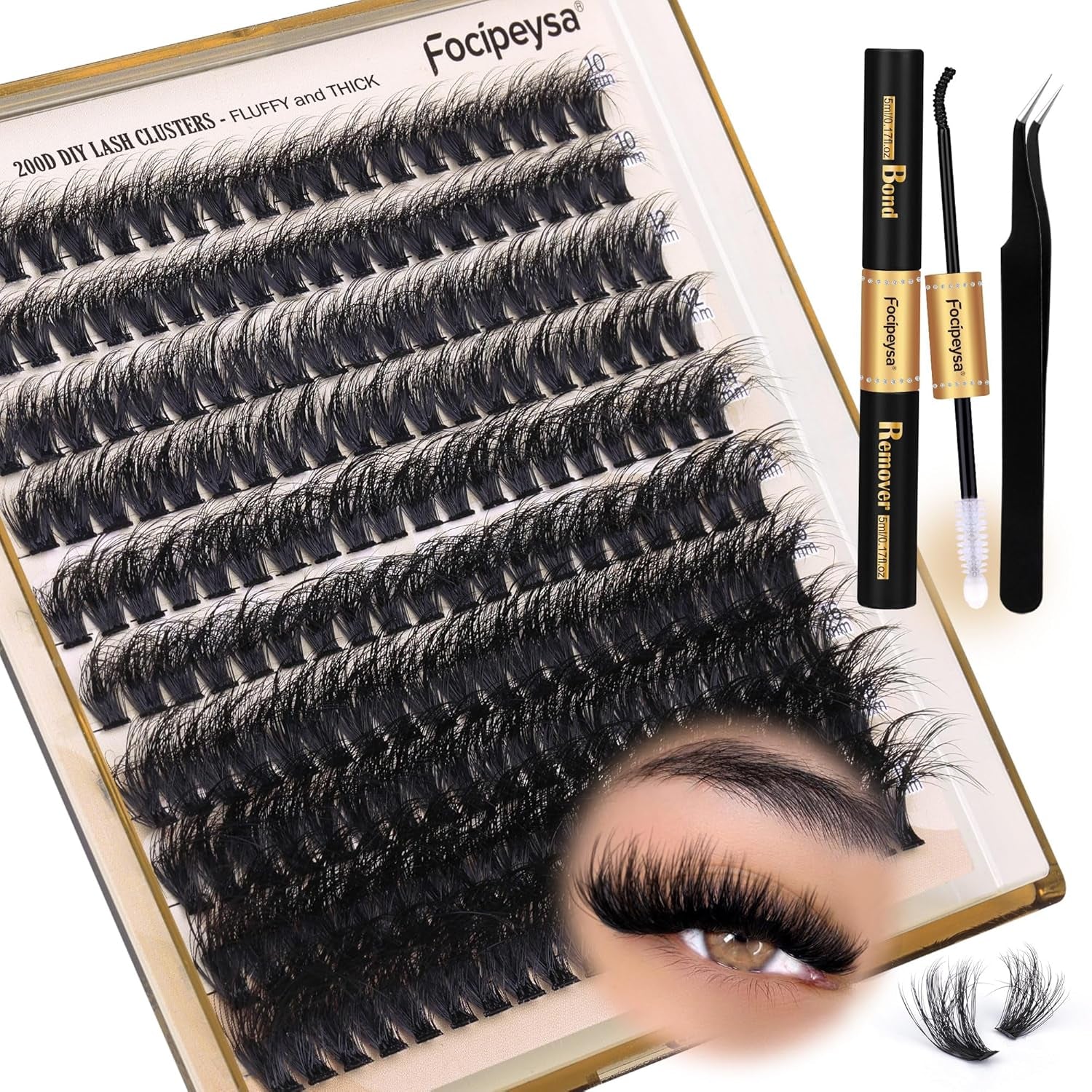 Lash Extension Kit Thick Eyelash Extension Kit 10-18Mm Fluff Volume Lash Clusters 200D Individual Eyelashes Kit with Lashes Bond, Lashes Remover, Lash Tweezers, DIY Lash Extension