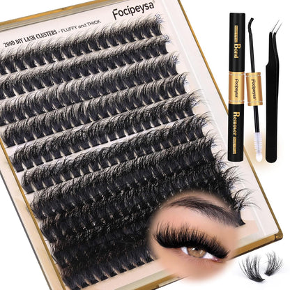 Lash Extension Kit Thick Eyelash Extension Kit 10-18Mm Fluff Volume Lash Clusters 200D Individual Eyelashes Kit with Lashes Bond, Lashes Remover, Lash Tweezers, DIY Lash Extension