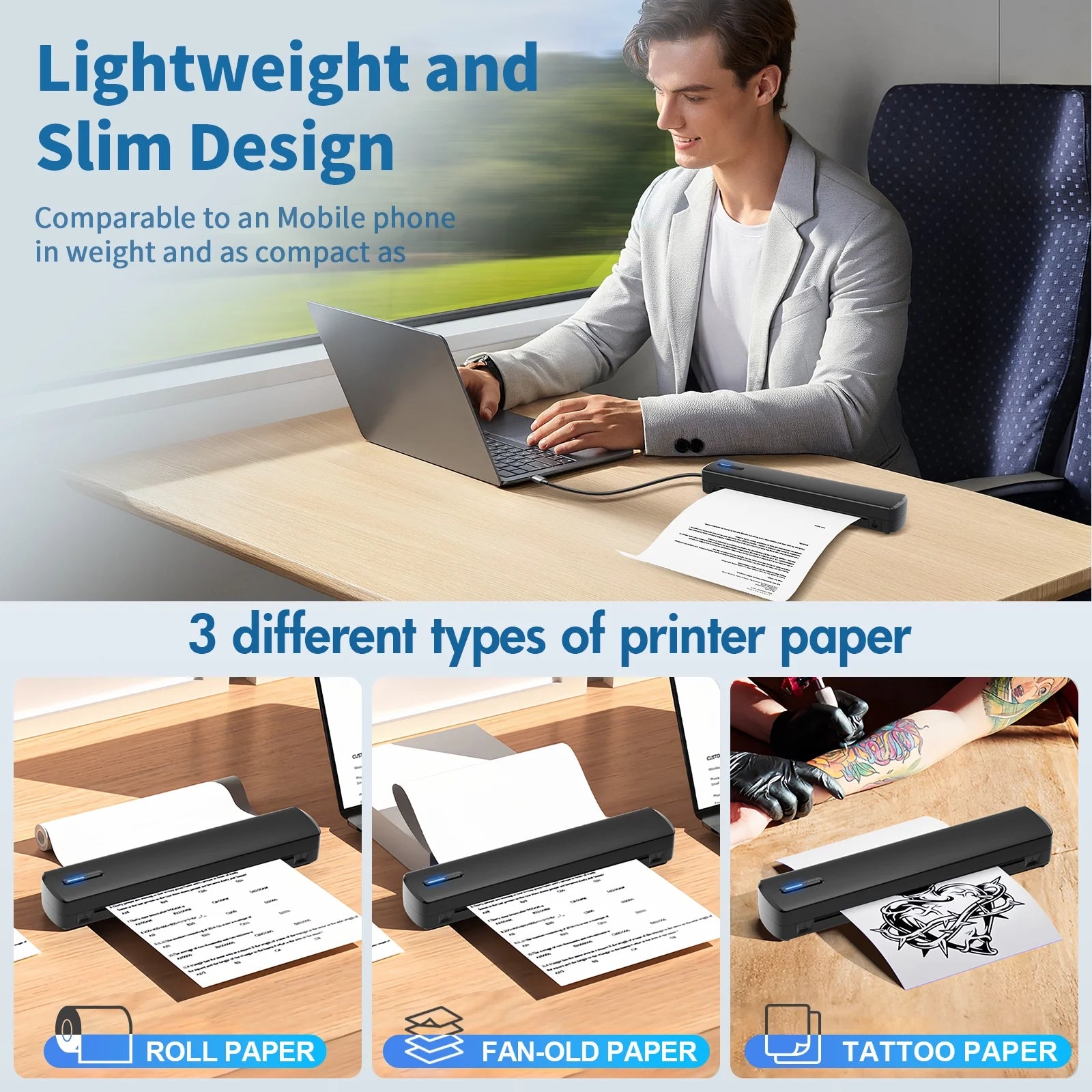 Thermal Printer, Wireless Printer Support US Letter & A4 for Travel, Inkless Portable Compatible with Ios Android Laptop for Home Car Office