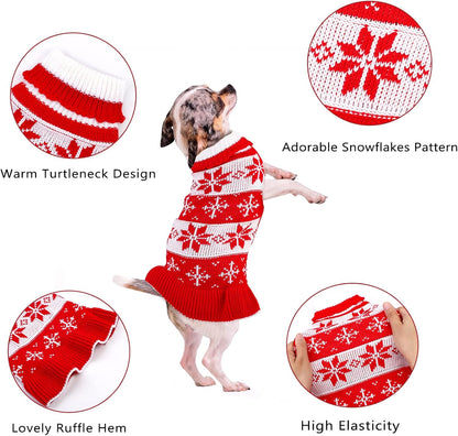 2 Pack Dog Christmas Dress Warm Dog Xmas Sweater Pet Christmas Clothes Stripes Dog Knit Sweater Dress Dog Winter Warm Pullover with Snowflakes and Christmas Flowers (M)