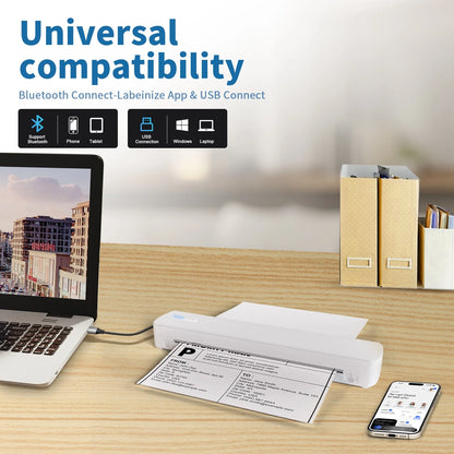 Wireless Printer, A4 Thermal Printer, Monochrome for Travel, Mobile Office School Home, Bluetooth Printer Compatible with Ios and Android, for Phone and Laptop
