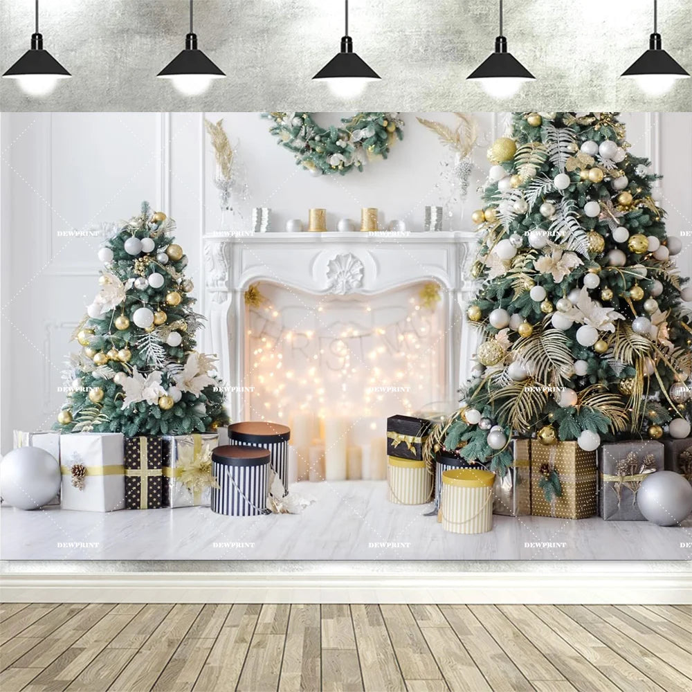 Christmas Fireplace Backdrop White Red Christmas Tree Photography Background Winter Family Party Banner Photo Booth Props