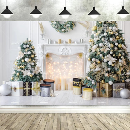 Christmas Fireplace Backdrop White Red Christmas Tree Photography Background Winter Family Party Banner Photo Booth Props