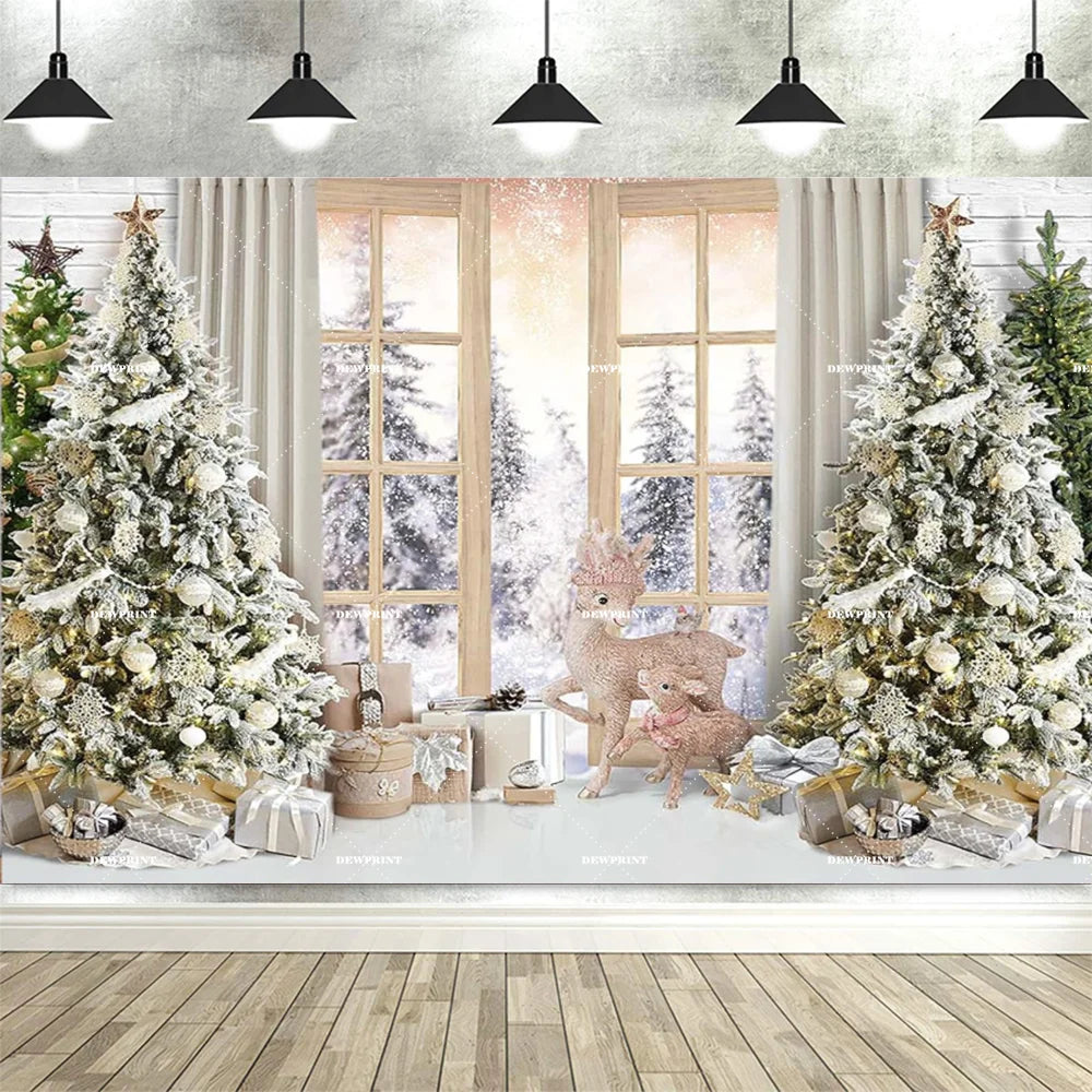 Christmas Fireplace Backdrop White Red Christmas Tree Photography Background Winter Family Party Banner Photo Booth Props