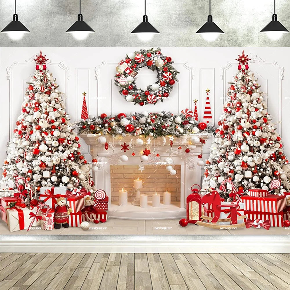 Christmas Fireplace Backdrop White Red Christmas Tree Photography Background Winter Family Party Banner Photo Booth Props