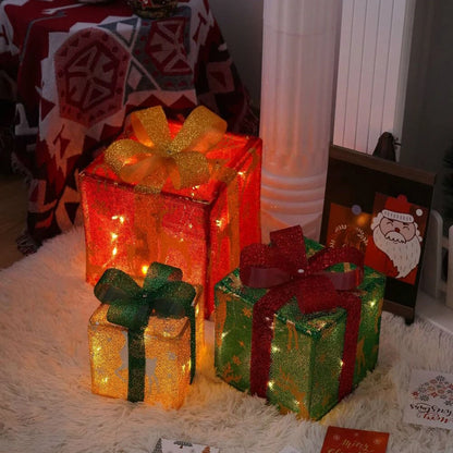 3PCS LED Christmas Lighted Boxes Outdoor Garden Lawn And Porch Decoration With Festive Elk And Snowflake For Holiday Celebration