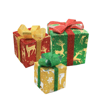 3PCS LED Christmas Lighted Boxes Outdoor Garden Lawn And Porch Decoration With Festive Elk And Snowflake For Holiday Celebration