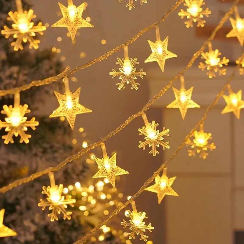 Christmas String Lights LED Acrylic Clear Star Snowflake Xmas Tree Long Lamp Strings Light Hanging Ornaments Home Party Decor
