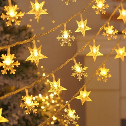 Christmas String Lights LED Acrylic Clear Star Snowflake Xmas Tree Long Lamp Strings Light Hanging Ornaments Home Party Decor
