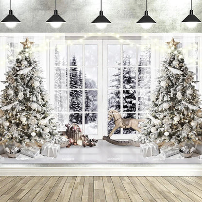 Christmas Fireplace Backdrop White Red Christmas Tree Photography Background Winter Family Party Banner Photo Booth Props