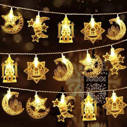 2M 10Lights Eid Mubarak Moon Star Castle Light String Ramadan Kareem Colorful Lights Islamic Muslim Eid Party Decor Lamp String