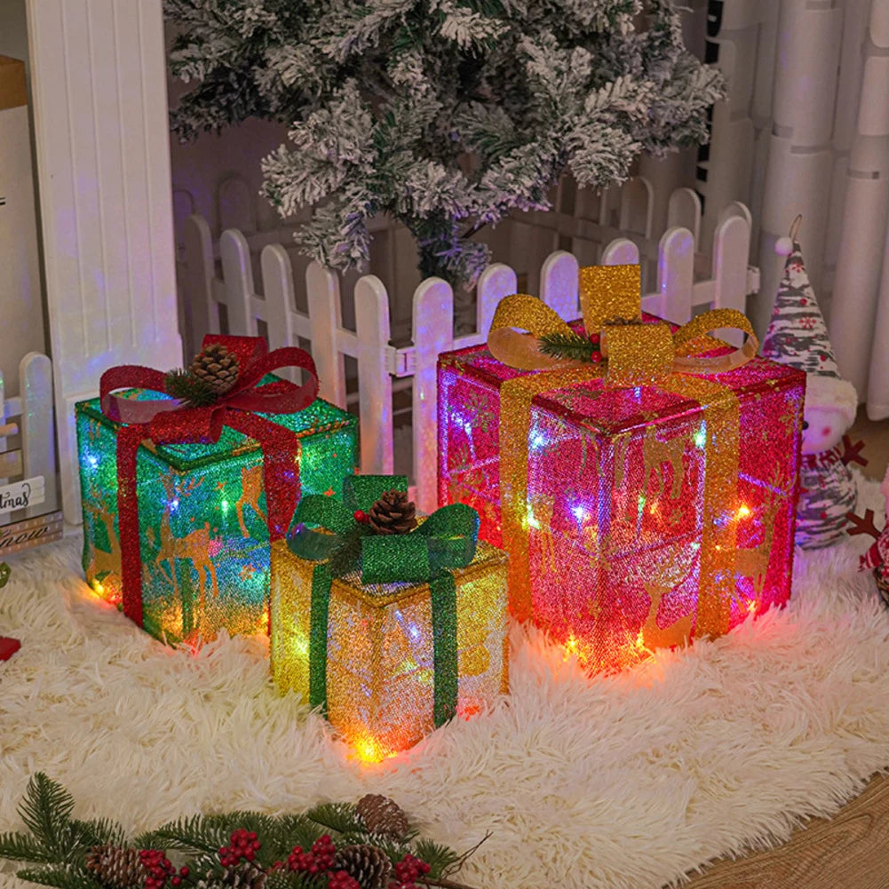 3PCS LED Christmas Lighted Boxes Outdoor Garden Lawn And Porch Decoration With Festive Elk And Snowflake For Holiday Celebration