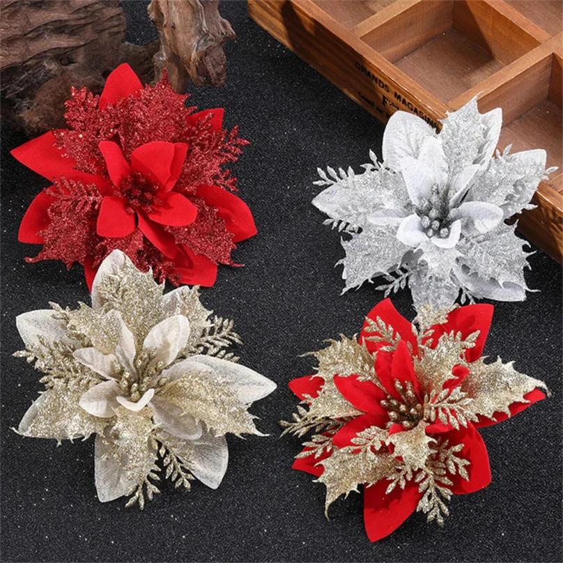 10pcs 14cm Christmas Flower Ornaments,Pink,Red,Gold,Glitter Artifical Flowers For Christmas Tree,Xmas Decoration For Home