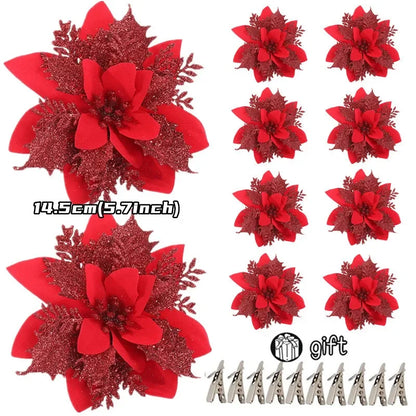 10/5/1pcs 14.5cm Glitter Artifical Christmas Flowers  Christmas Tree Decoration Happy New Year Ornaments Xmas Fake Flowers natal