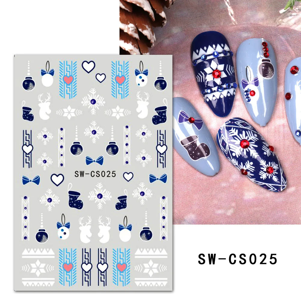 1PCS Christmas White Snowflakes 3D Nail Stickers Nail Art Decoration Cartoon Santa Claus Snowman Stickers Nail Accessories