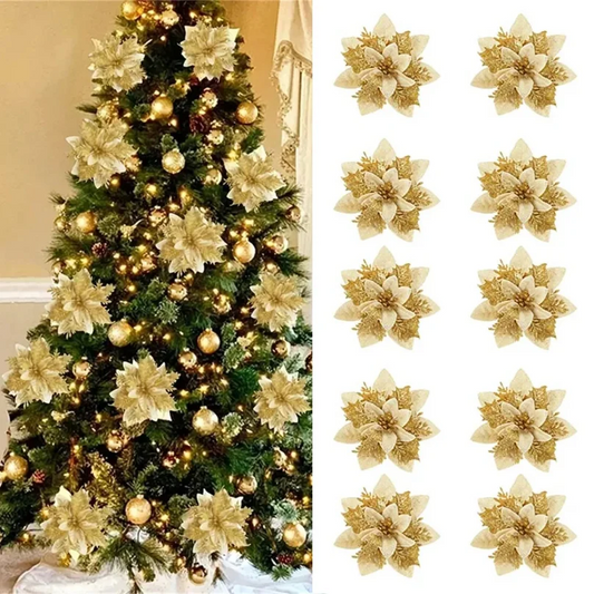 10pcs 14cm Christmas Flower Ornaments,Pink,Red,Gold,Glitter Artifical Flowers For Christmas Tree,Xmas Decoration For Home