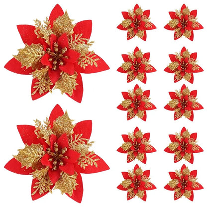 10pcs 14cm Christmas Flower Ornaments,Pink,Red,Gold,Glitter Artifical Flowers For Christmas Tree,Xmas Decoration For Home