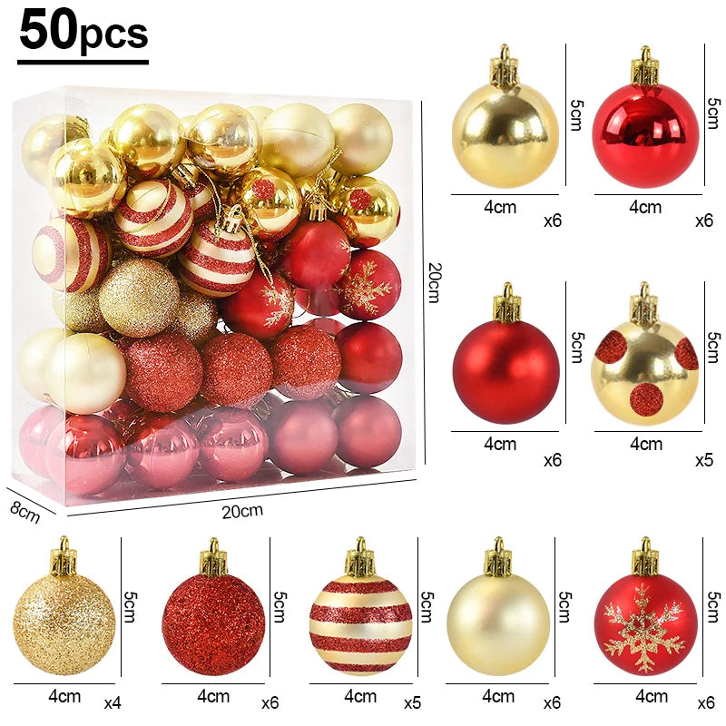 50Pcs/box Christmas Tree Balls Ornament Red Gold Hanging Bauble Pendant 2026 Christmas Decoration for Home 2026 New Year Gifts