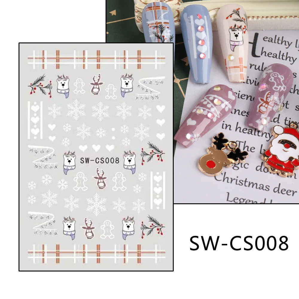 1PCS Christmas White Snowflakes 3D Nail Stickers Nail Art Decoration Cartoon Santa Claus Snowman Stickers Nail Accessories