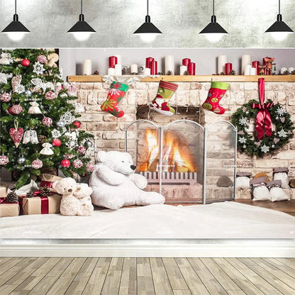 Christmas Fireplace Backdrop White Red Christmas Tree Photography Background Winter Family Party Banner Photo Booth Props