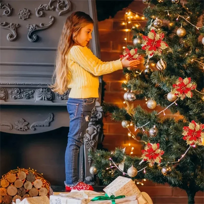 10pcs 14cm Christmas Flower Ornaments,Pink,Red,Gold,Glitter Artifical Flowers For Christmas Tree,Xmas Decoration For Home