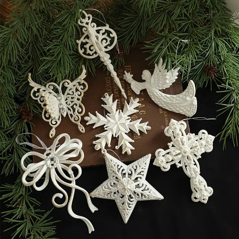 2025 Christmas Tree Pendants Snowflake White Angel Wing Hanging Ornament New Year Navidad Party Window Wall Home Room Decor