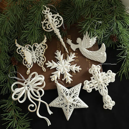 2025 Christmas Tree Pendants Snowflake White Angel Wing Hanging Ornament New Year Navidad Party Window Wall Home Room Decor