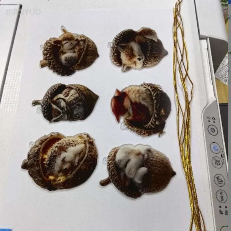 2D Flat Acrylic Cute Christmas Trees Hanging Decor Sleeping Forest Animal Acorn Ornaments Xmas Party Home Decorating Supplies