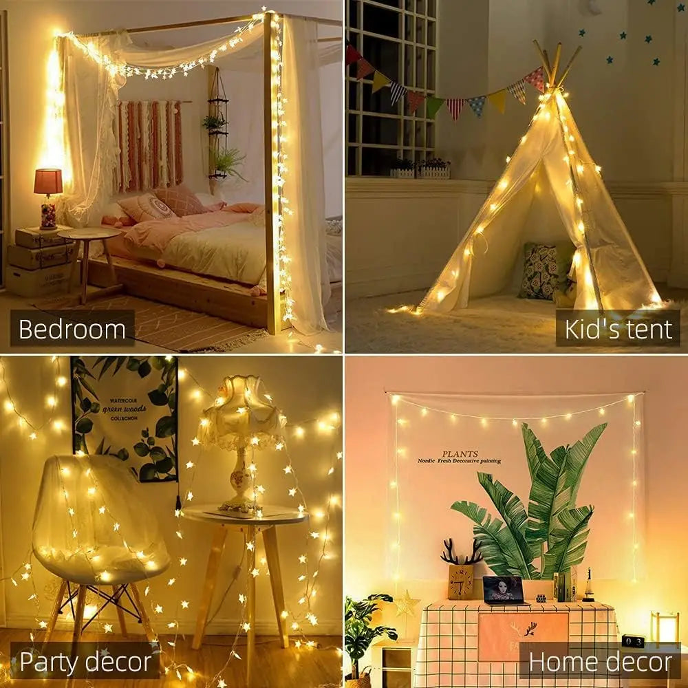 Christmas String Lights LED Acrylic Clear Star Snowflake Xmas Tree Long Lamp Strings Light Hanging Ornaments Home Party Decor