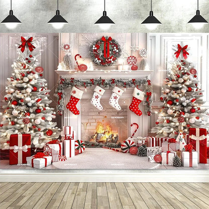 Christmas Fireplace Backdrop White Red Christmas Tree Photography Background Winter Family Party Banner Photo Booth Props