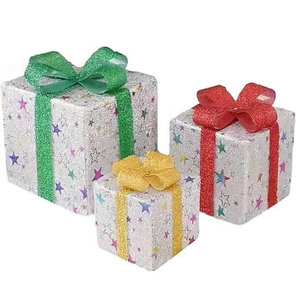 3PCS LED Christmas Lighted Boxes Outdoor Garden Lawn And Porch Decoration With Festive Elk And Snowflake For Holiday Celebration