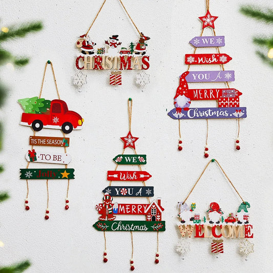 Colorful Wooden Christmas Hanging Craft Xmas Tree Wall Ornaments Merry Christmas Decor 2025 Happy New Year 2026