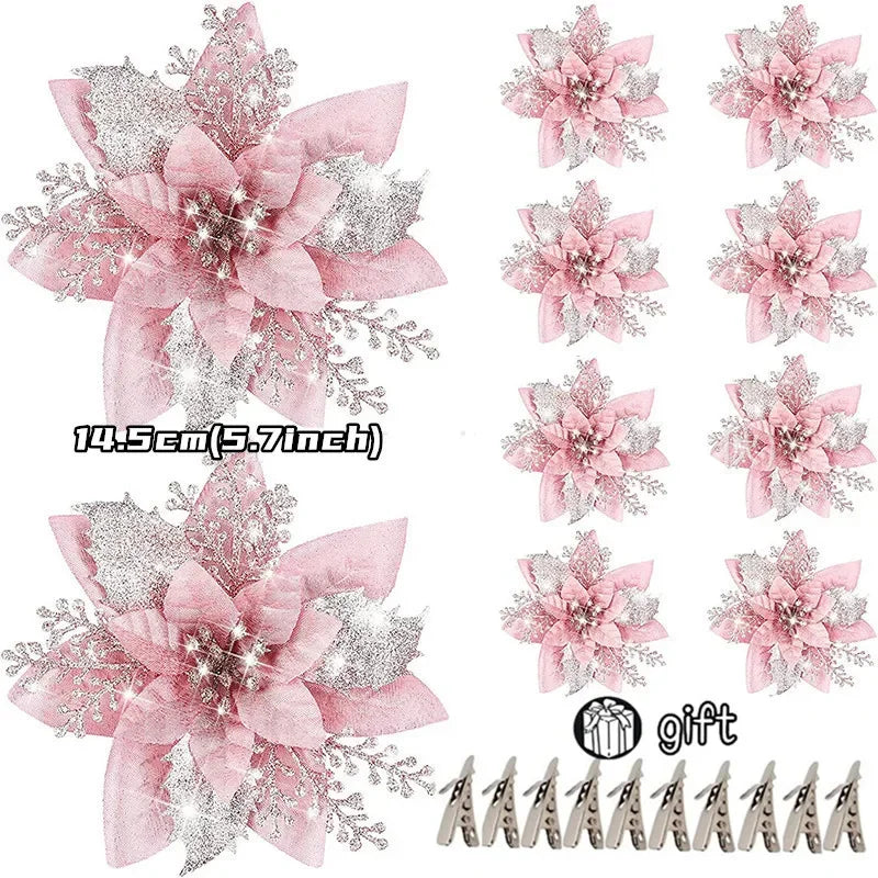 10/5/1pcs 14.5cm Glitter Artifical Christmas Flowers  Christmas Tree Decoration Happy New Year Ornaments Xmas Fake Flowers natal