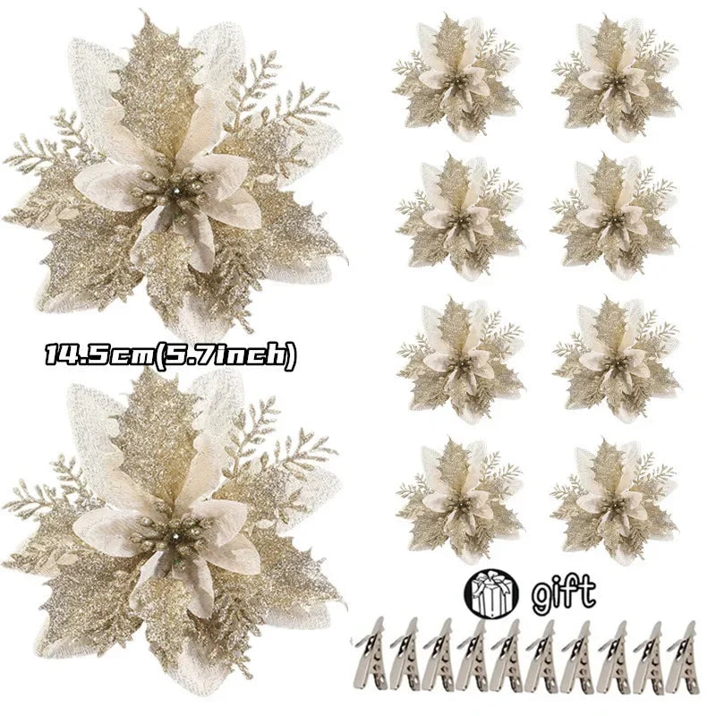 10/5/1pcs 14.5cm Glitter Artifical Christmas Flowers  Christmas Tree Decoration Happy New Year Ornaments Xmas Fake Flowers natal