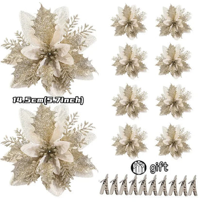 10/5/1pcs 14.5cm Glitter Artifical Christmas Flowers  Christmas Tree Decoration Happy New Year Ornaments Xmas Fake Flowers natal