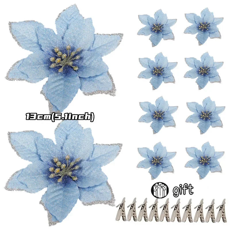 10/5/1pcs 14.5cm Glitter Artifical Christmas Flowers  Christmas Tree Decoration Happy New Year Ornaments Xmas Fake Flowers natal