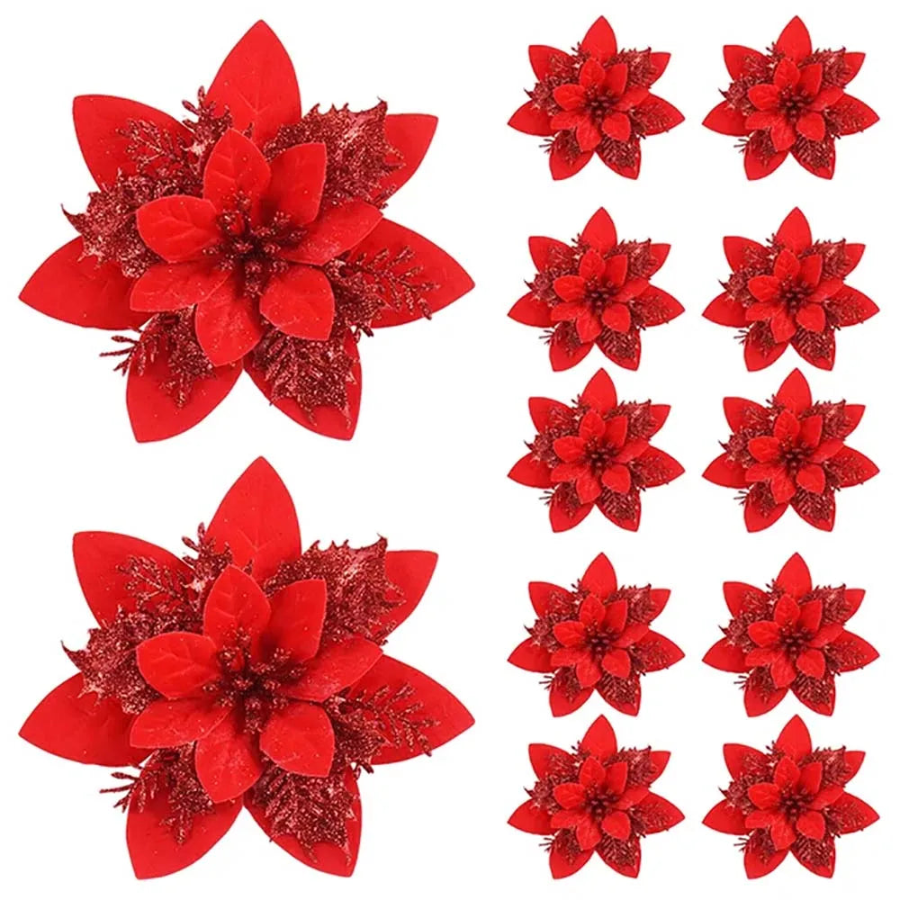 10pcs 14cm Christmas Flower Ornaments,Pink,Red,Gold,Glitter Artifical Flowers For Christmas Tree,Xmas Decoration For Home
