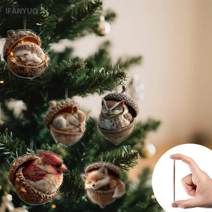 2D Flat Acrylic Cute Christmas Trees Hanging Decor Sleeping Forest Animal Acorn Ornaments Xmas Party Home Decorating Supplies