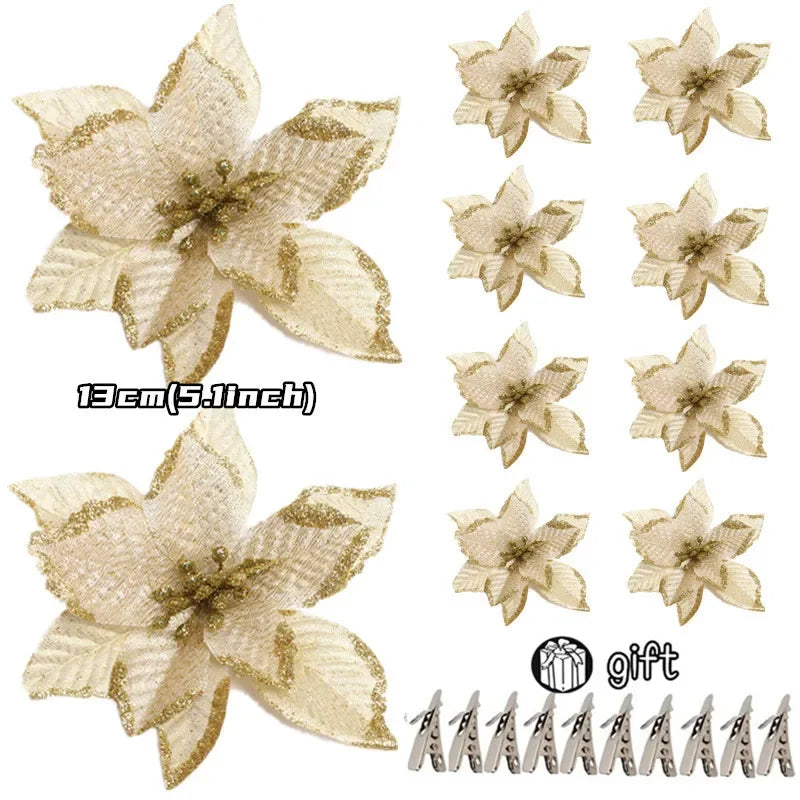 10/5/1pcs 14.5cm Glitter Artifical Christmas Flowers  Christmas Tree Decoration Happy New Year Ornaments Xmas Fake Flowers natal