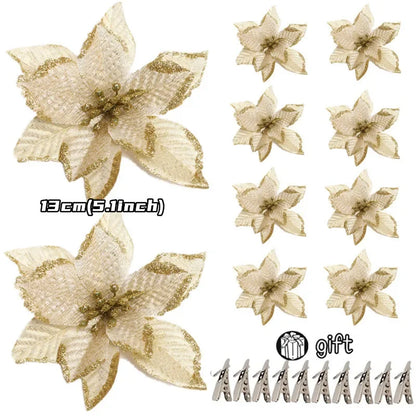 10/5/1pcs 14.5cm Glitter Artifical Christmas Flowers  Christmas Tree Decoration Happy New Year Ornaments Xmas Fake Flowers natal