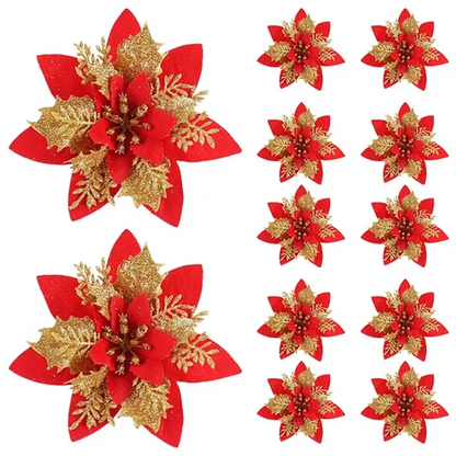 10pcs 14cm Christmas Flower Ornaments,Pink,Red,Gold,Glitter Artifical Flowers For Christmas Tree,Xmas Decoration For Home