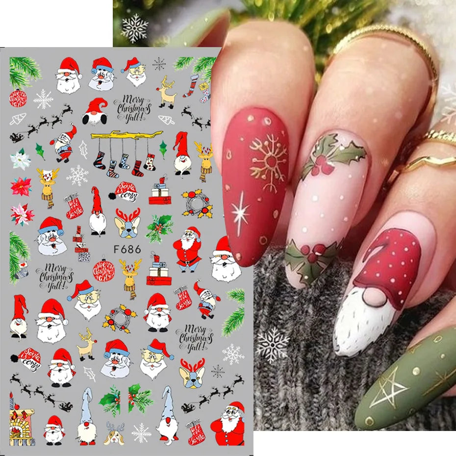 1PCS Christmas White Snowflakes 3D Nail Stickers Nail Art Decoration Cartoon Santa Claus Snowman Stickers Nail Accessories