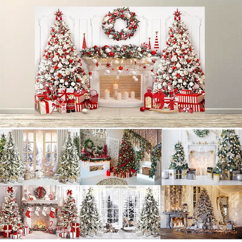 Christmas Fireplace Backdrop White Red Christmas Tree Photography Background Winter Family Party Banner Photo Booth Props